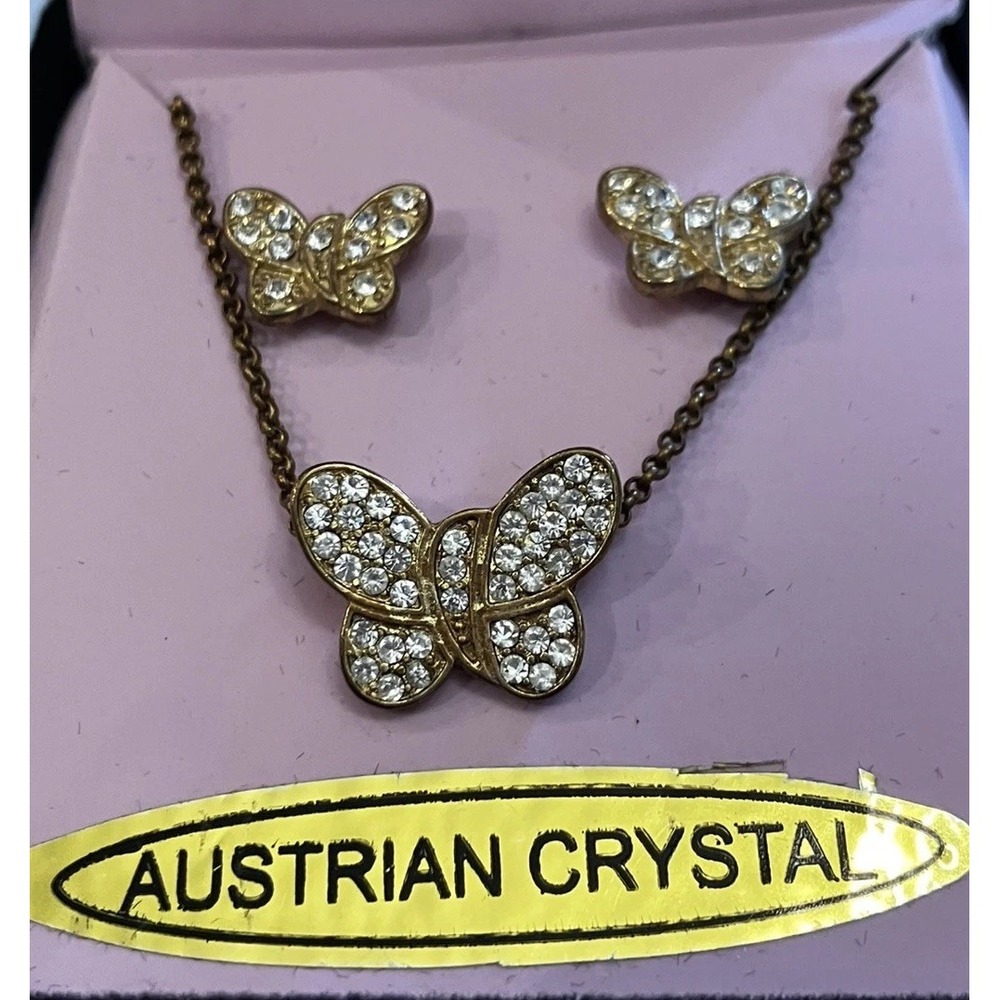 Bijoux Terner Austrian Crystal Butterfly Necklace Earrings Set VTG Gold Tone Box